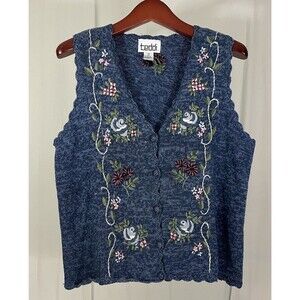 VTG Teddi Sweater Vest Women Sz M Blue Embroidered Vines Scalloped Edges Cottage